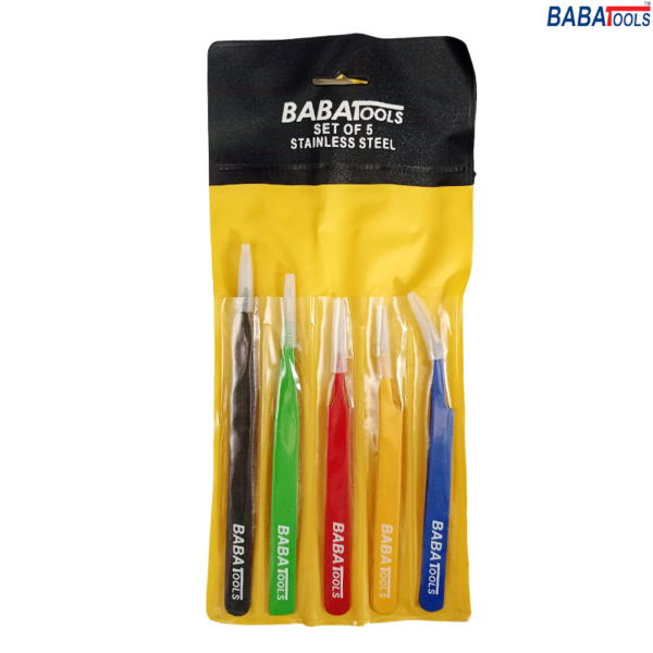 BABA 5 in 1 Tweezer Stainless Steel Tweezer Set Colourful - Image 3