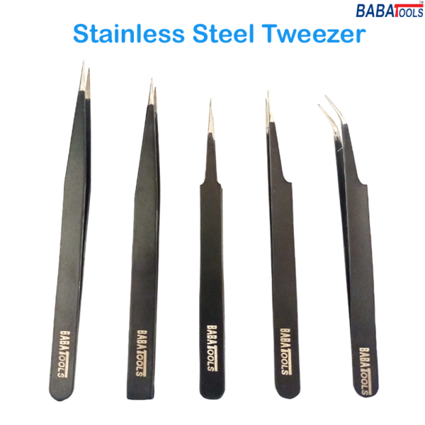 BABA 5 in 1 Tweezer Stainless Steel Tweezer Set Black - Image 2