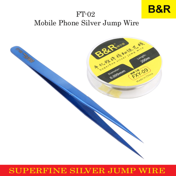 B&R FT-02 Superfine Silver Jump Wire 0.009mm 200m With BS-11 Tweezer