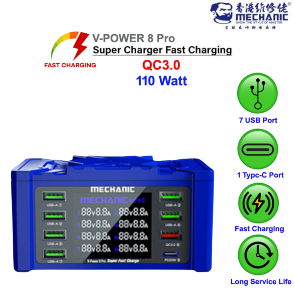 Mechanic V-Power 8 Pro Super Fast Charge QC3.0 PD USB Hub 8 Port 110 Watt for iPad Mobile Phone Smart Watch etc.